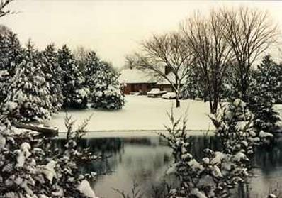 house picture taken from across the pond with winter snow on the ground and trees
